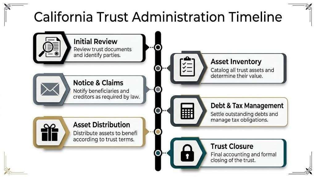 A timeline graphic showing the six essential steps of the California trust administration legal process.