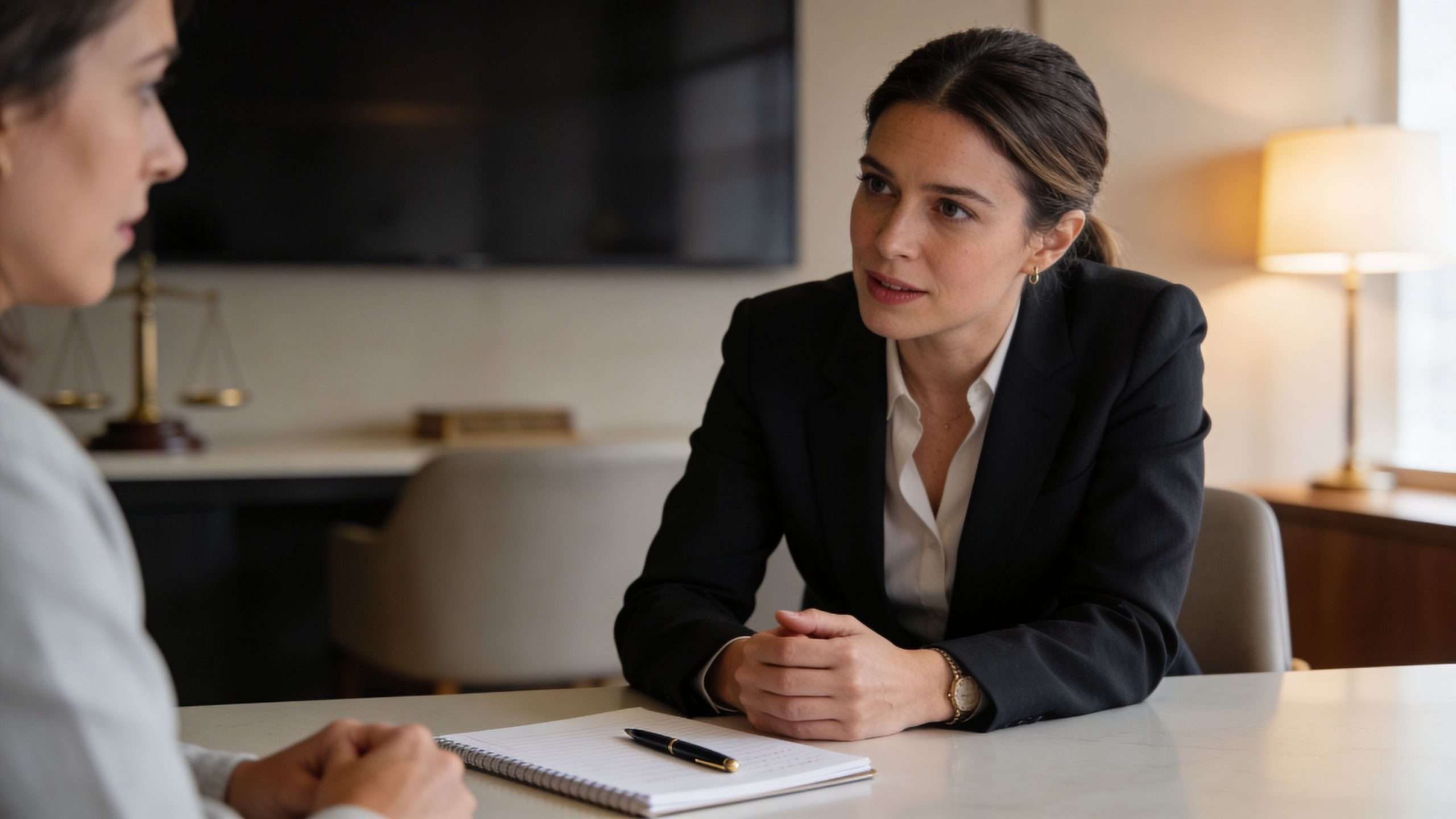 A professional female litigation attorney having a serious meeting with a client in a law office.