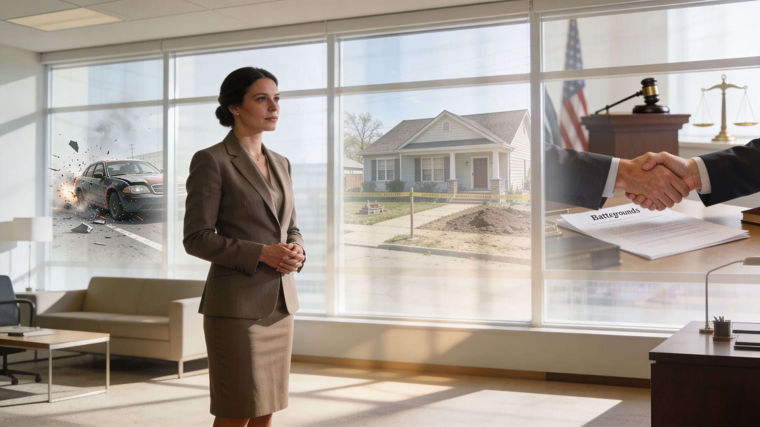 A professional female attorney standing in an office window displaying imagery of car accidents and litigation.
