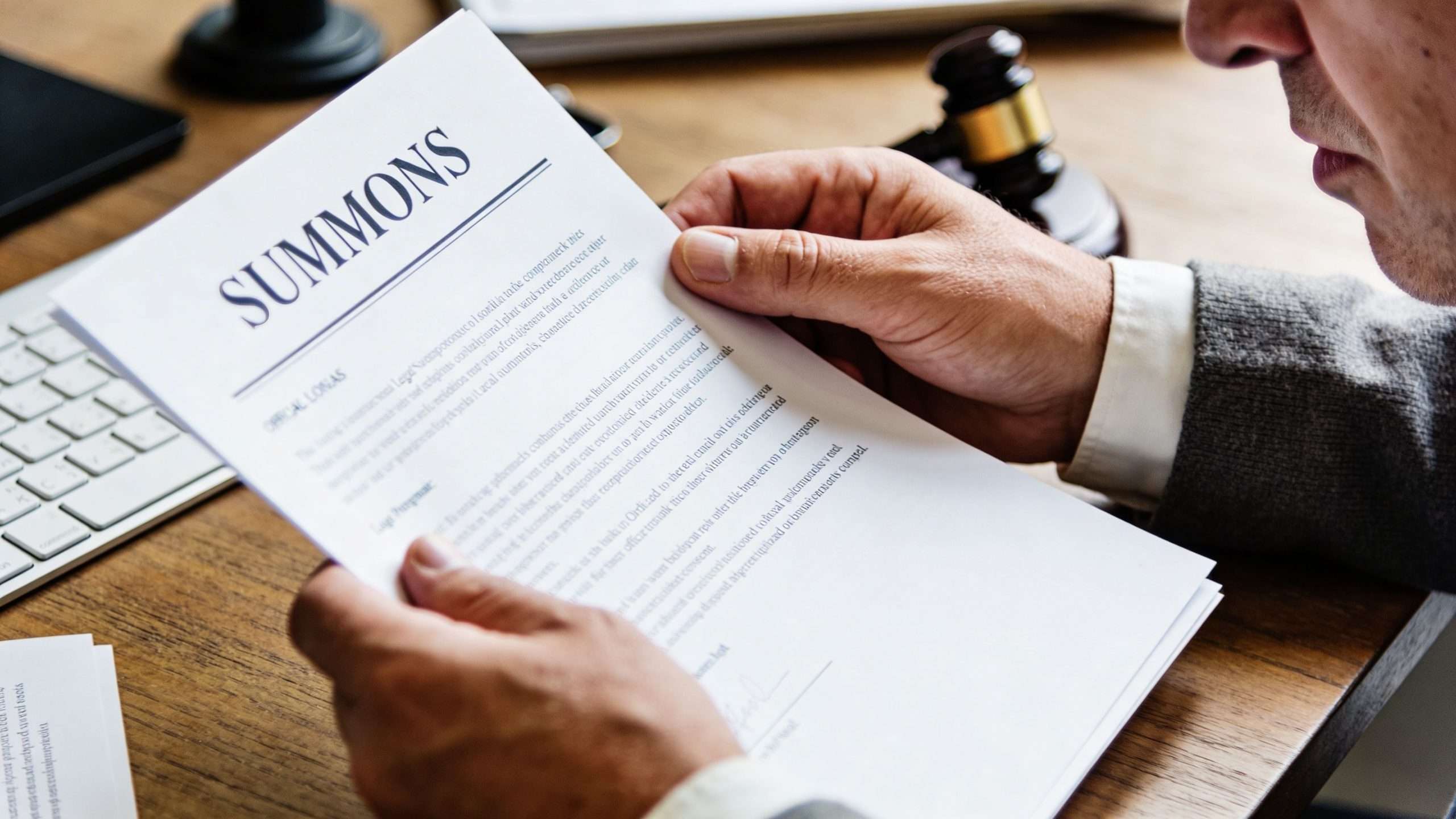 A professional attorney holding and reading a legal summons document in his office with a gavel nearby.