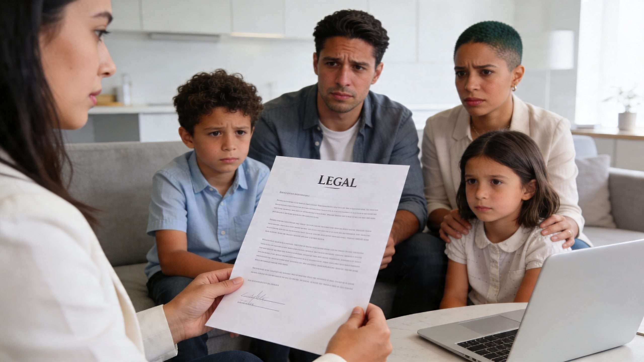 A family receiving legal advice about estate planning while sitting on a couch with an advisor.