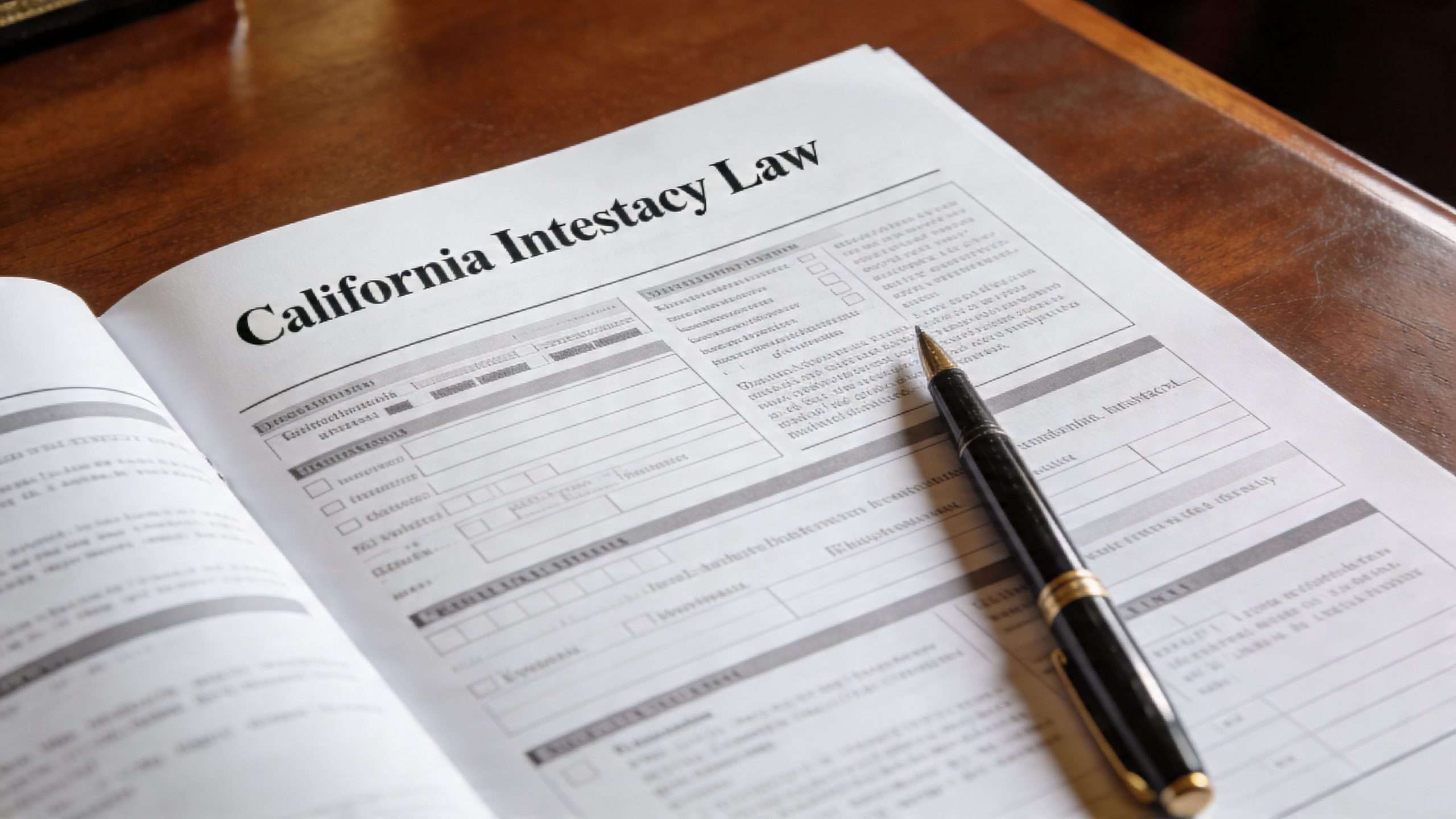 A black pen resting on a document titled California Intestacy Law on a wooden desk.