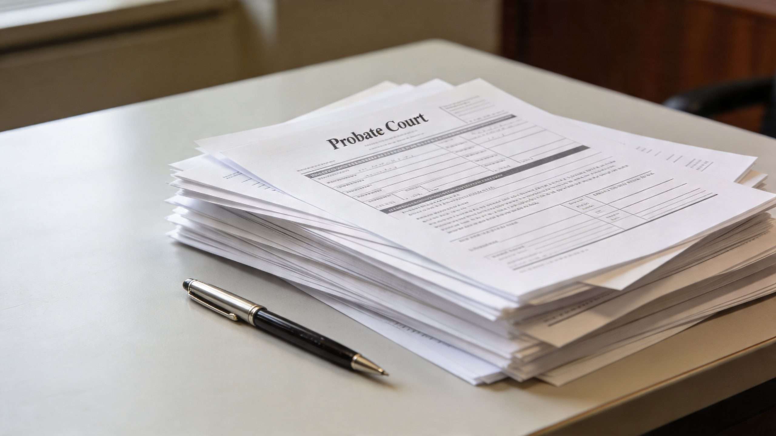A stack of legal documents labeled Probate Court sitting on a desk with a black ballpoint pen.
