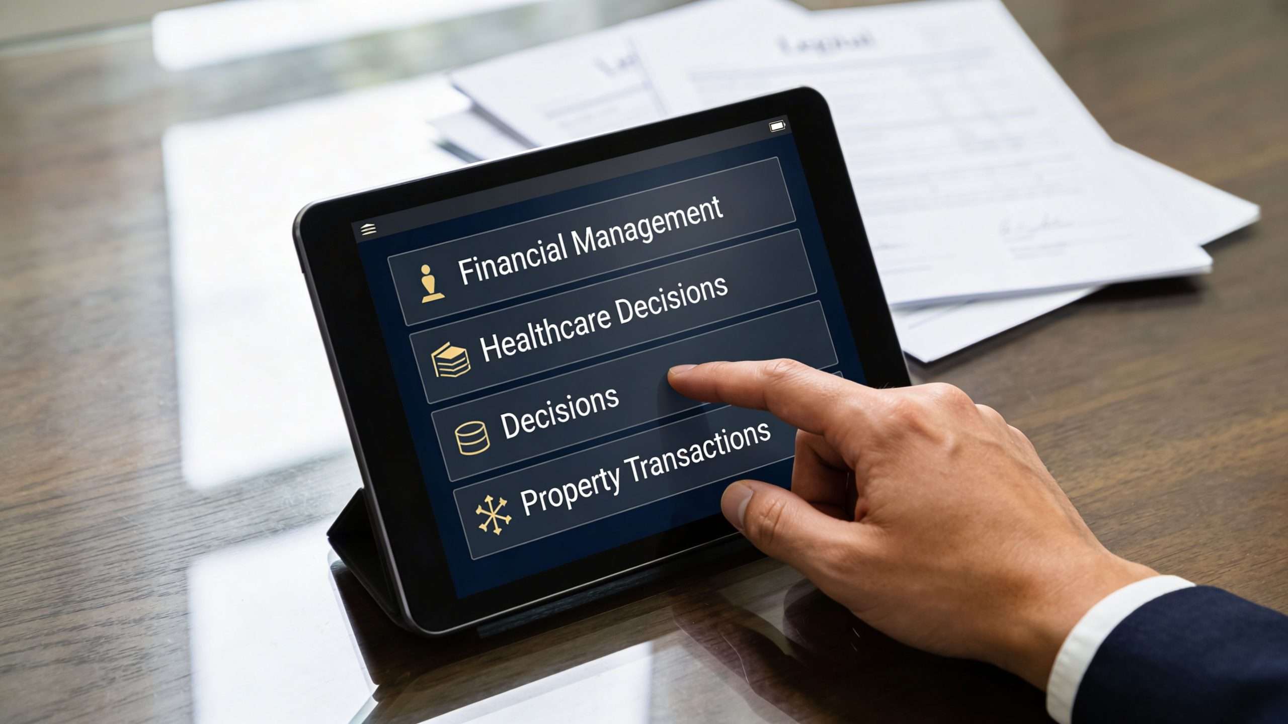 A professional using a tablet to select digital options like healthcare and financial management decisions.
