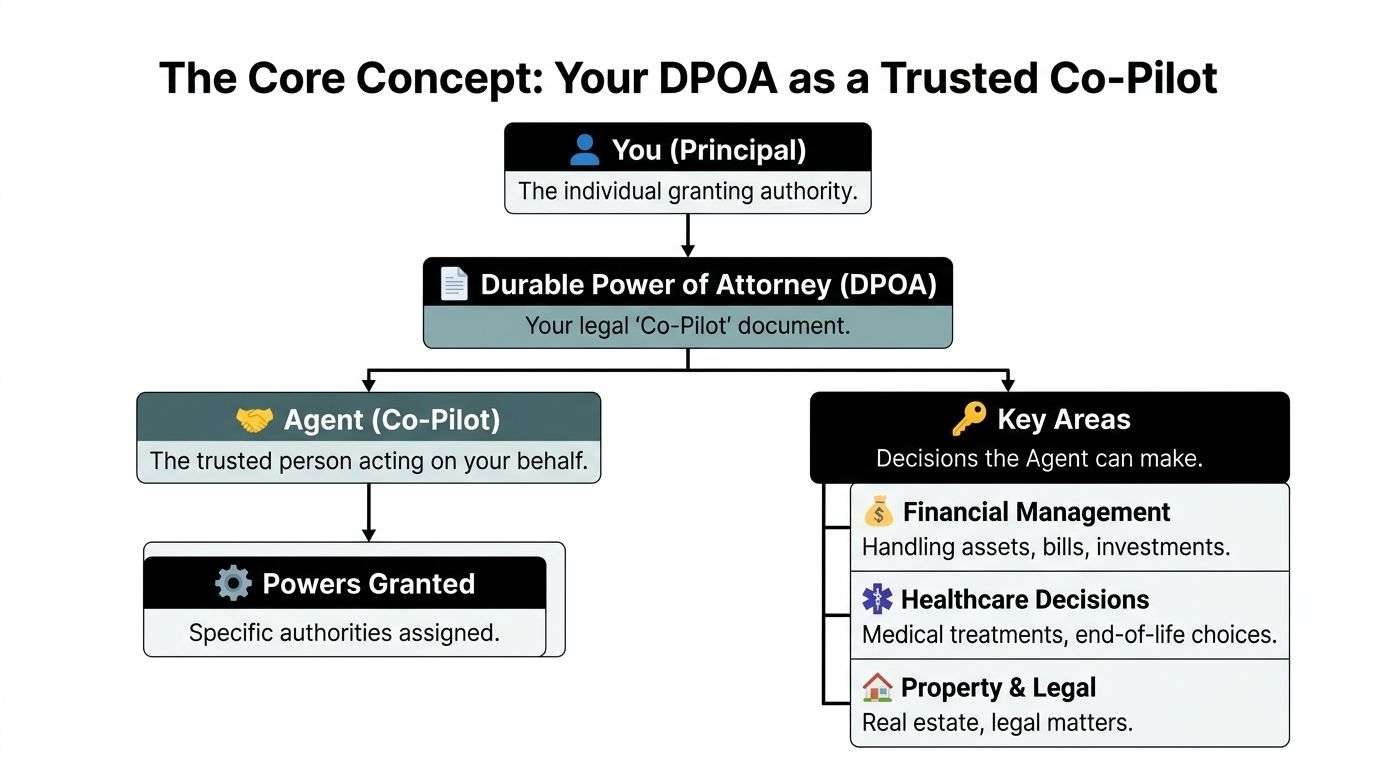 A diagram illustrating the concept of Durable Power of Attorney with a Principal, Agent, and key decision areas.