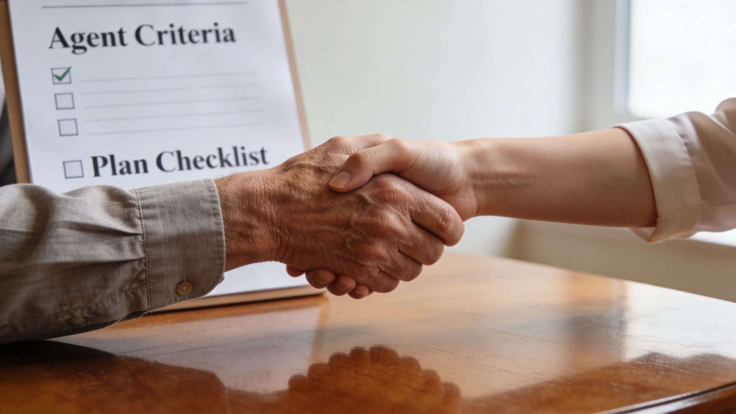 A close-up of two people shaking hands over a table with an agent criteria checklist document.