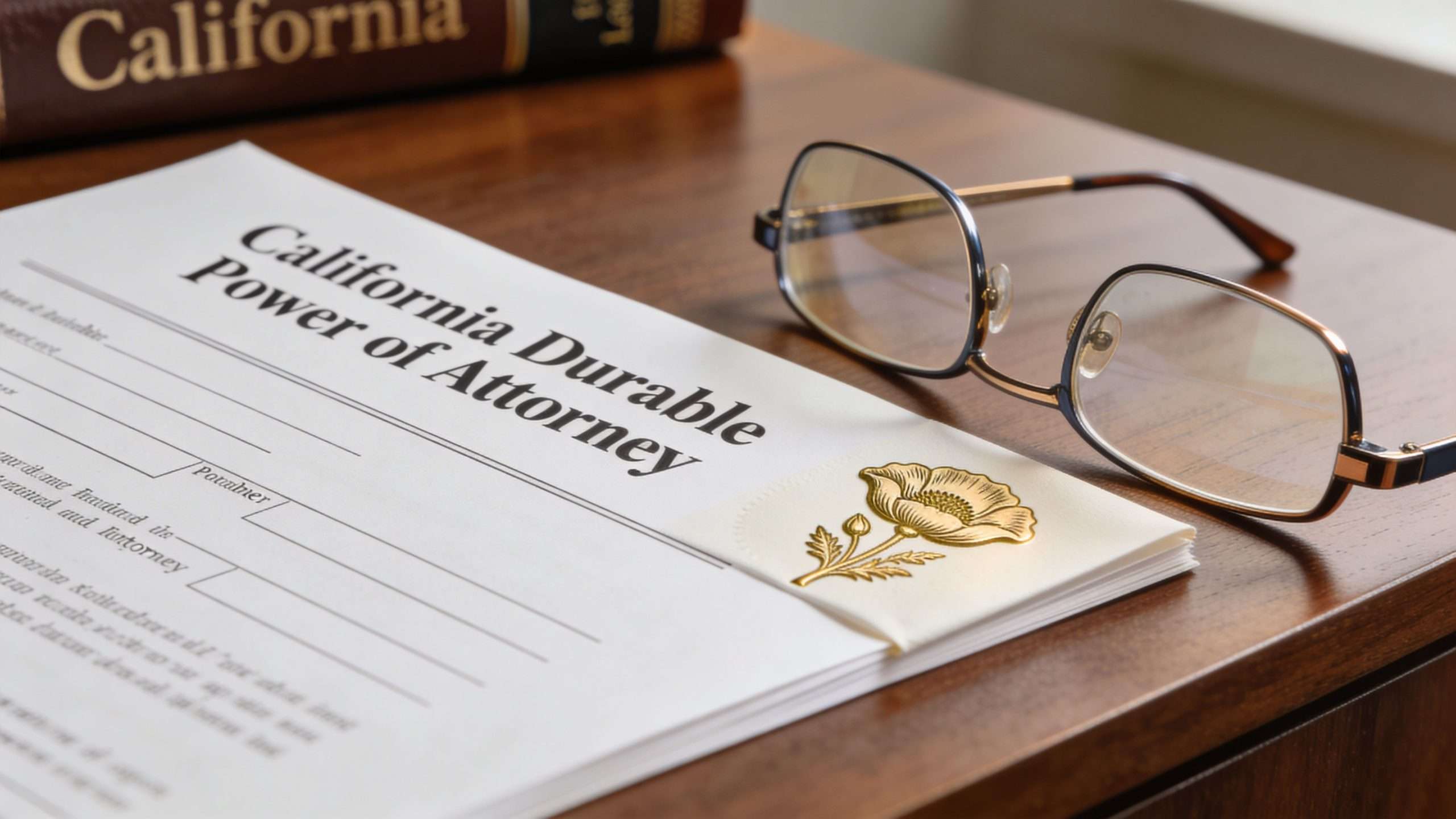 A California durable power of attorney legal document on a wooden desk with reading glasses nearby.