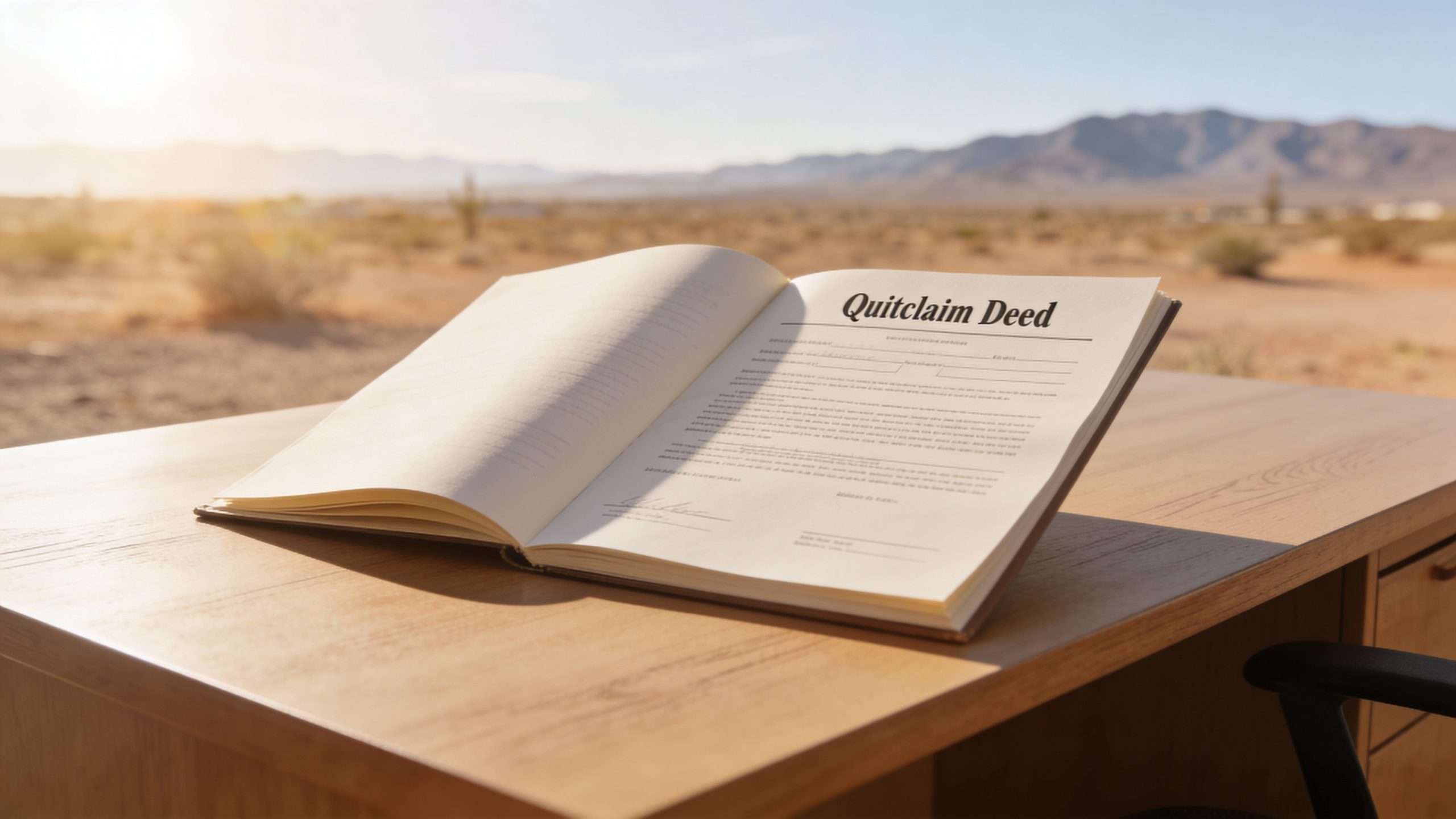 An open Quitclaim Deed document resting on a wooden desk in a sunny desert landscape setting.