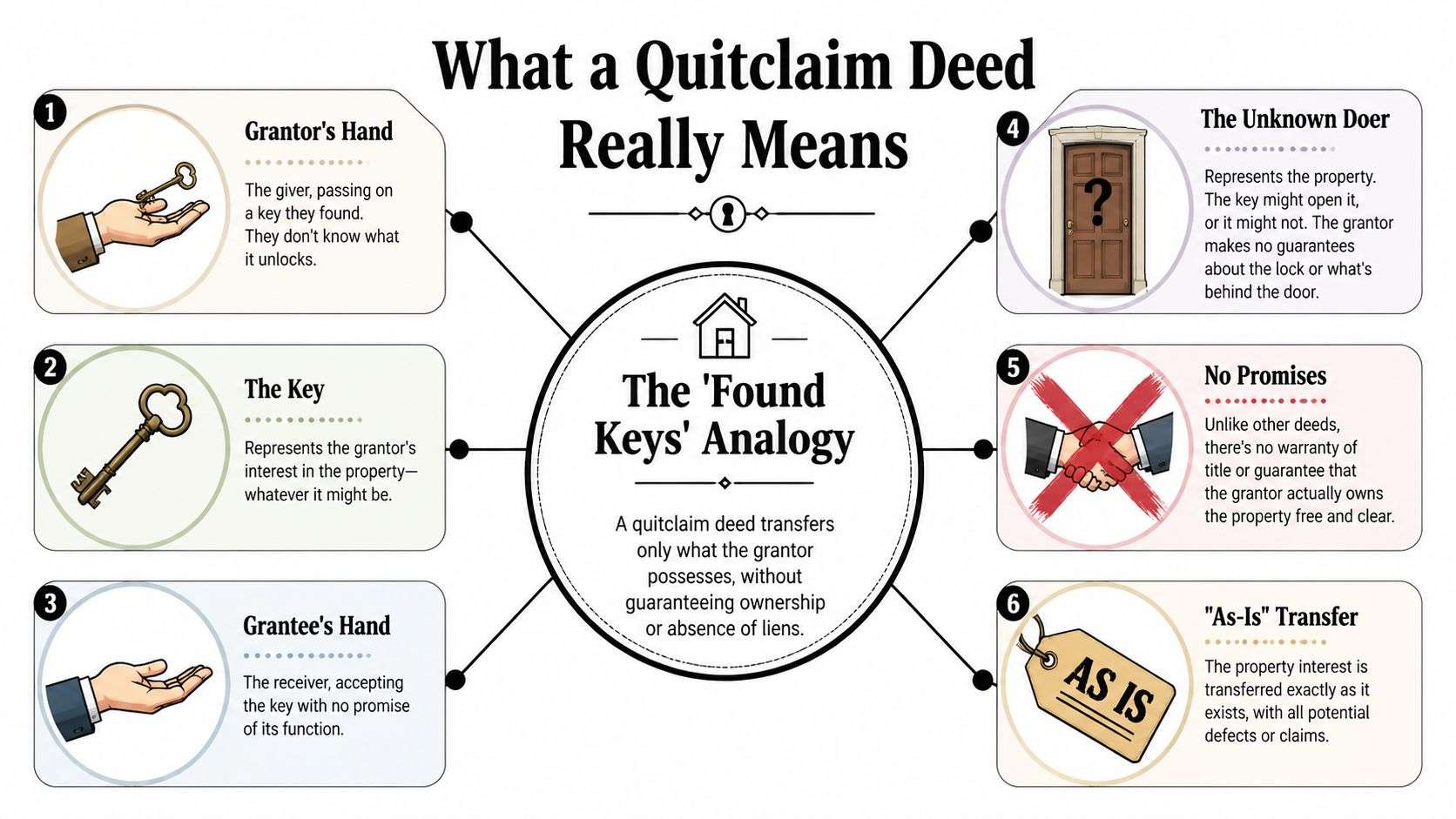 An infographic explaining a quitclaim deed using a 'found keys' analogy to illustrate property transfer concepts.