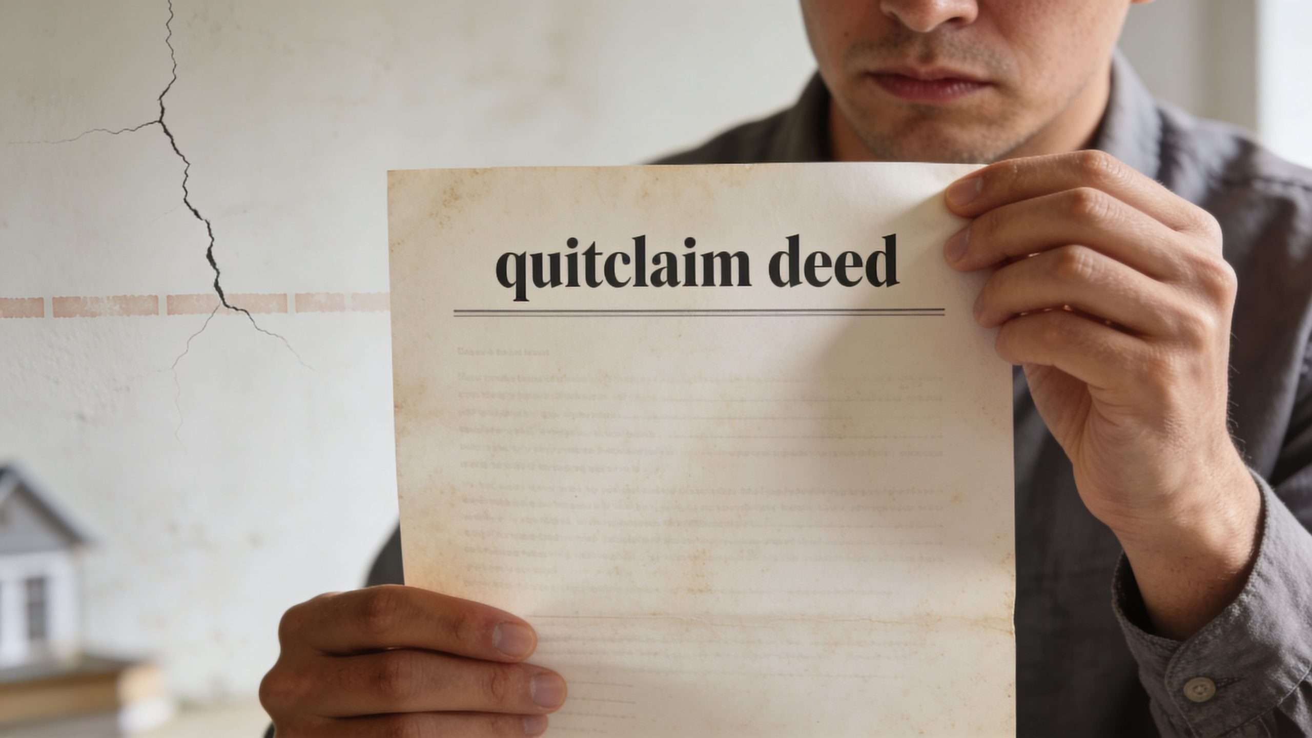 A person holding a document titled quitclaim deed with a blurred house model and cracked wall background.