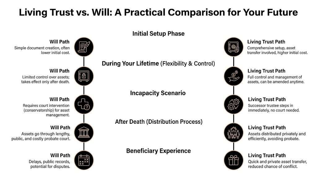 A comparison chart outlining the key differences between a will and a living trust for estate planning.