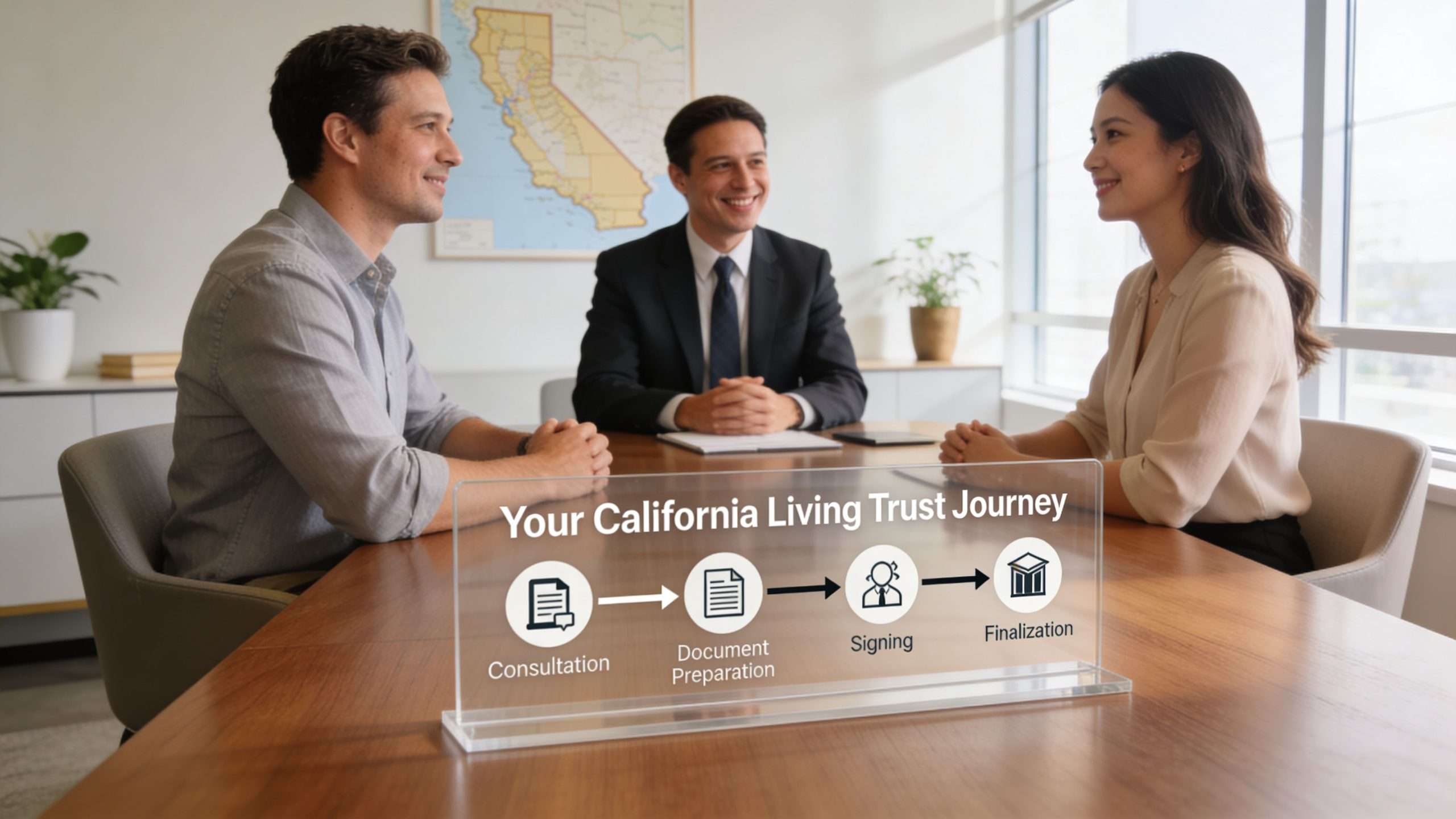 A professional couple meeting with an attorney to discuss their California living trust journey at a desk.