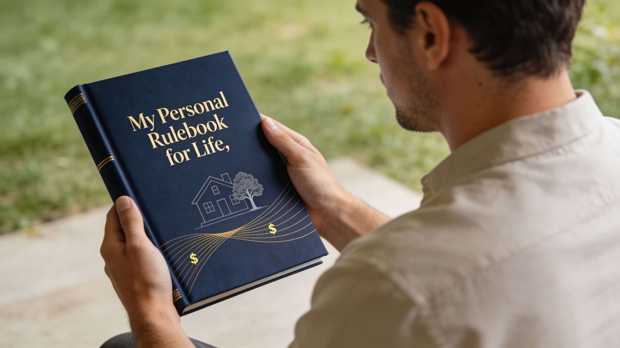 A man holding a blue book titled My Personal Rulebook for Life with house and money icons.