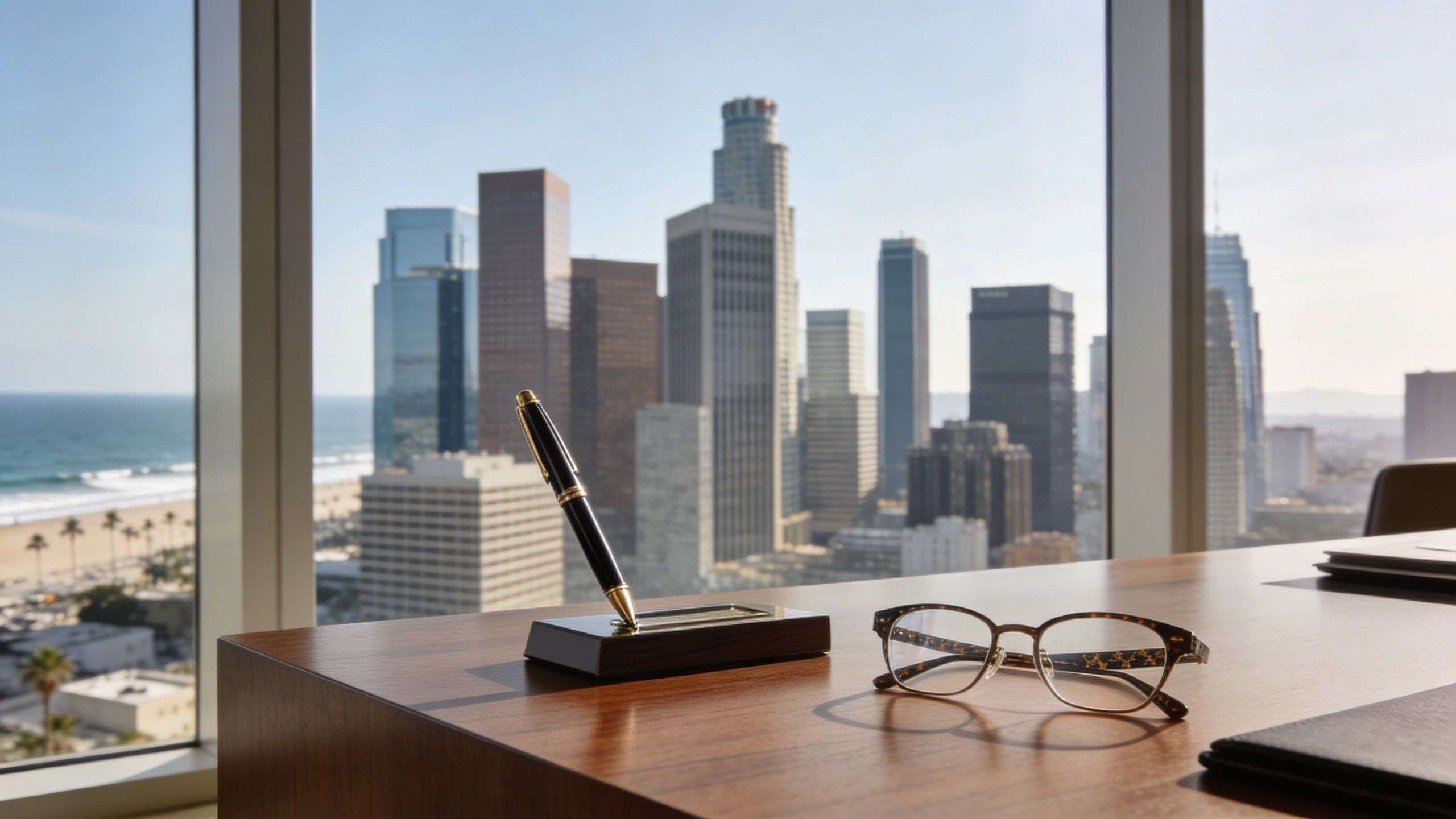 An office desk featuring a fountain pen and glasses overlooking a coastal city skyline.