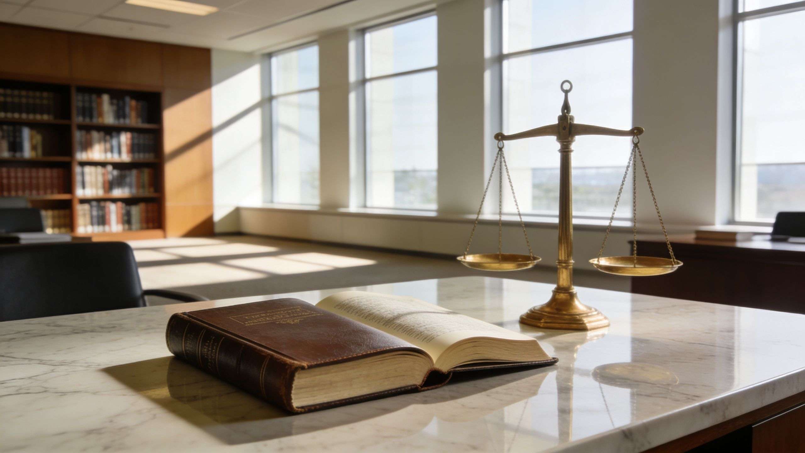 An open law book and brass scales of justice on a marble desk in a law office.