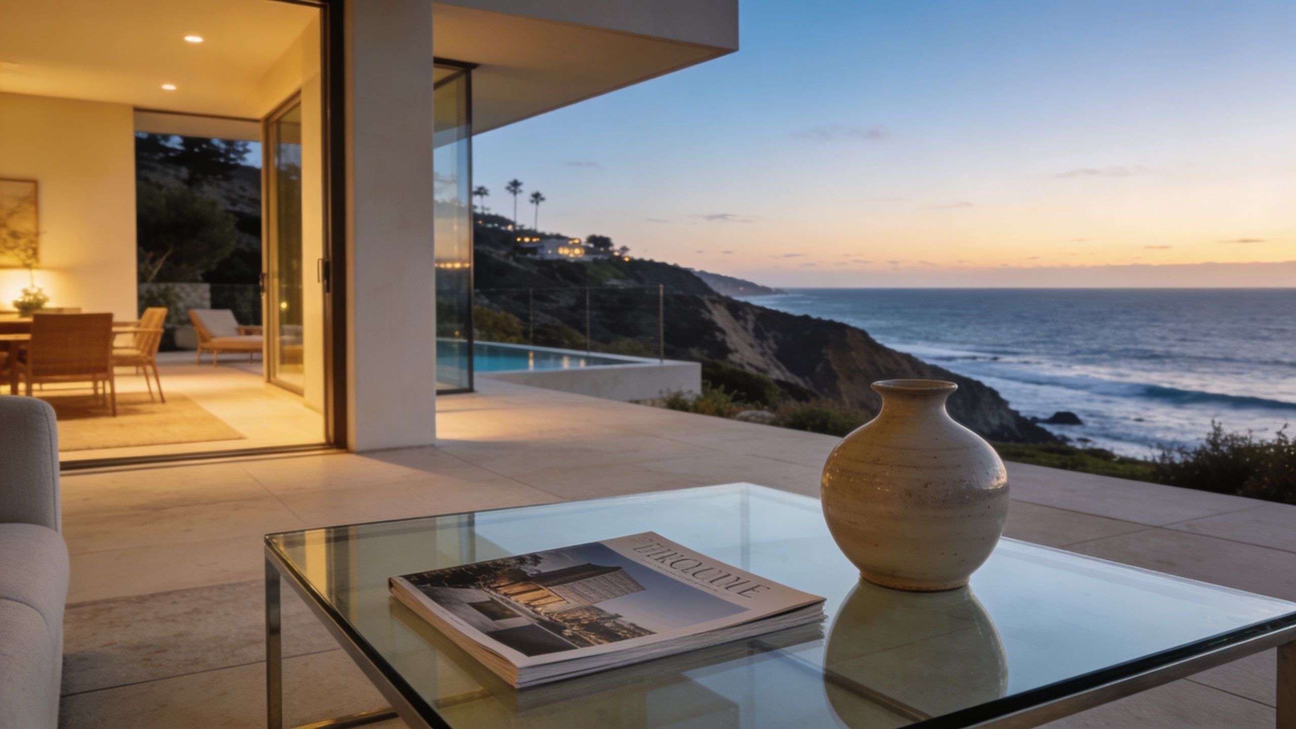 A luxurious modern patio with a glass coffee table overlooking the ocean during a sunset view.