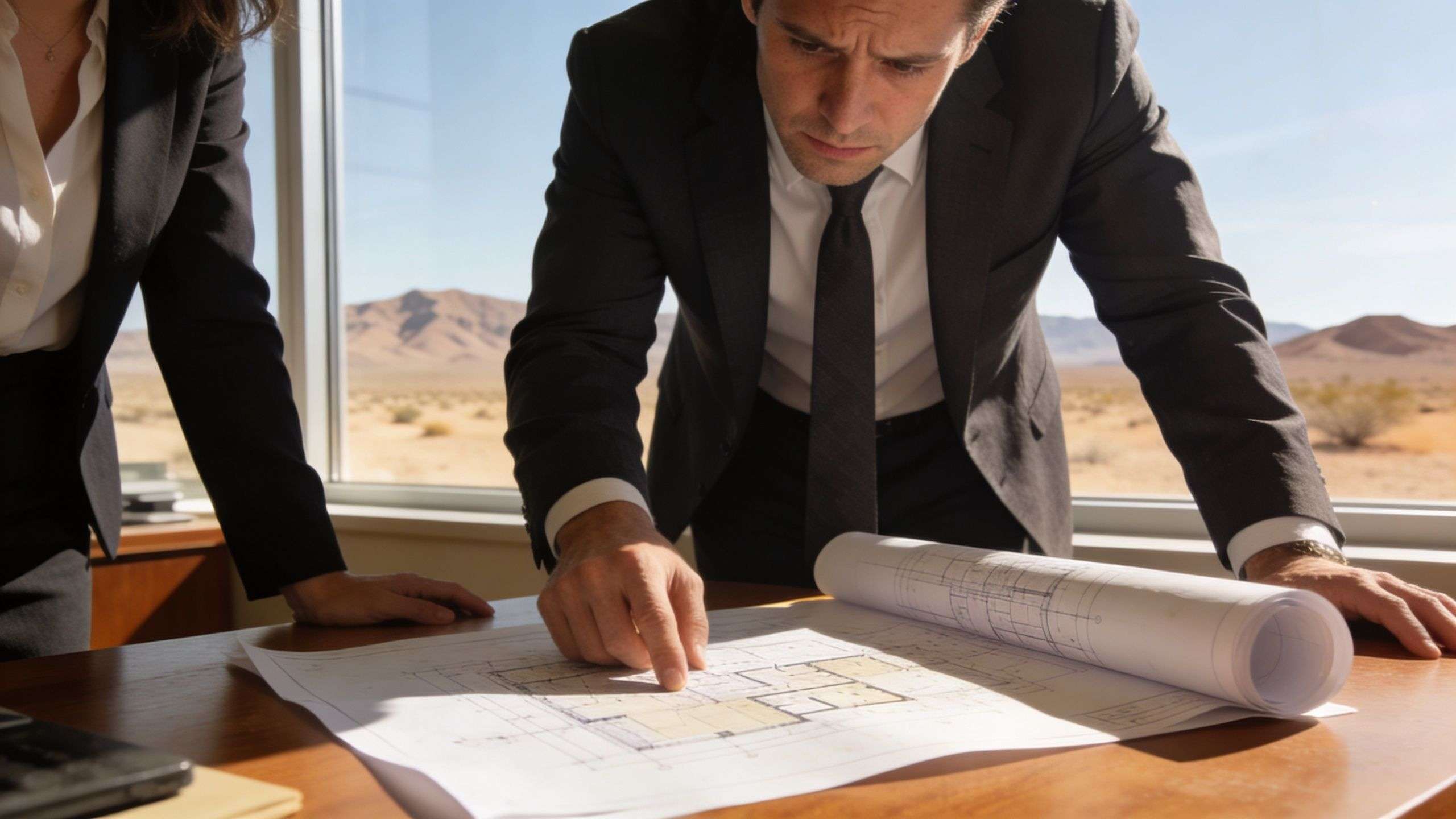 A professional man in a suit points to architectural blueprints on a desk during a business meeting.