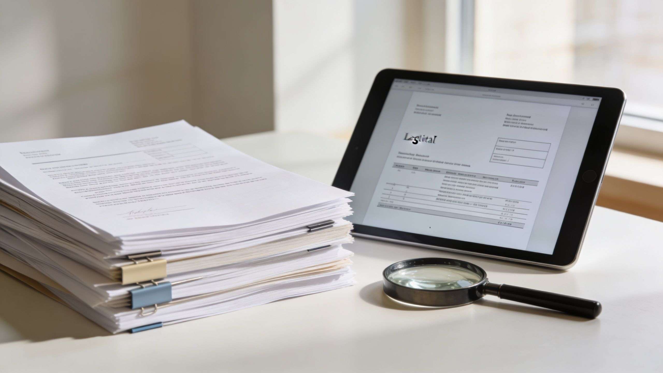 A stack of legal documents sits next to a tablet displaying contract details and a magnifying glass.