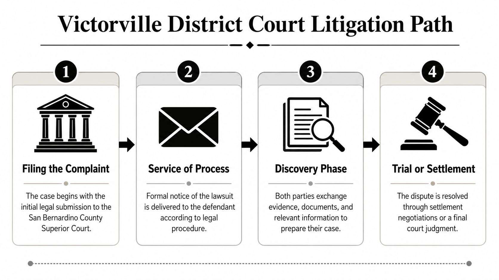 A flow chart illustrating the four steps of the Victorville District Court litigation process.