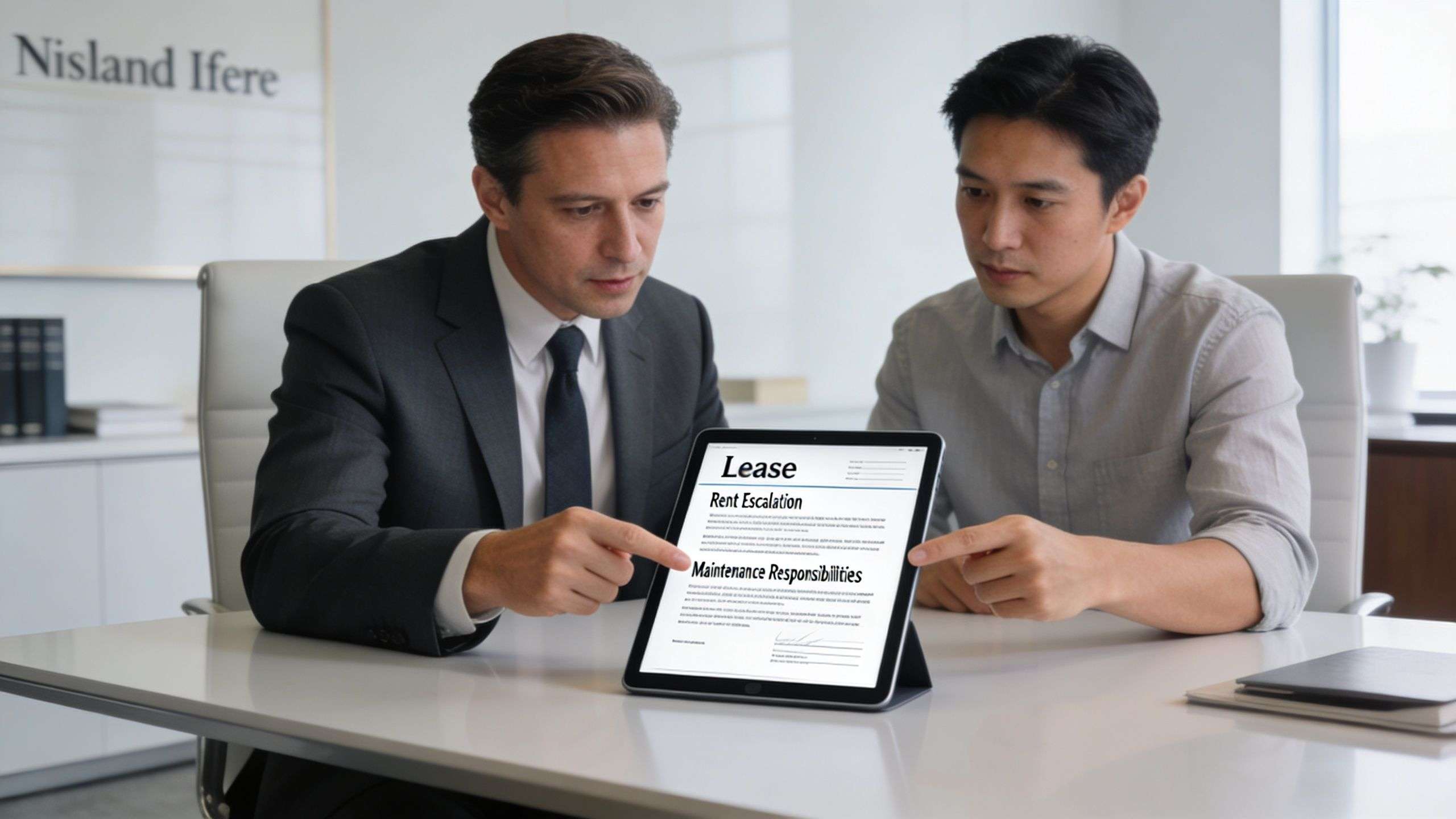 A professional attorney and a client discussing the terms of a commercial lease on a tablet.