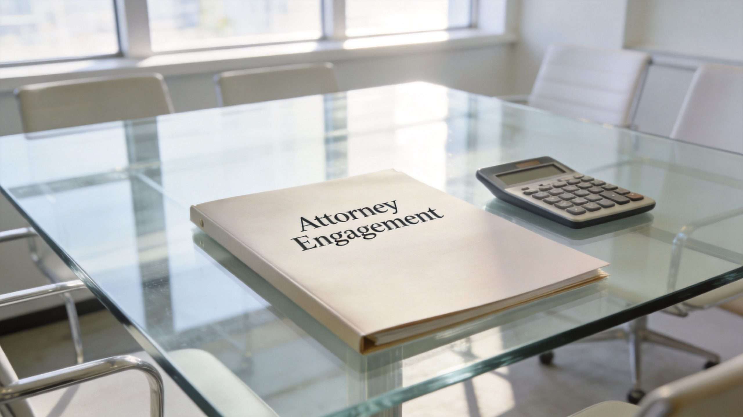 A folder titled Attorney Engagement and a calculator sit on a glass conference table in an office.