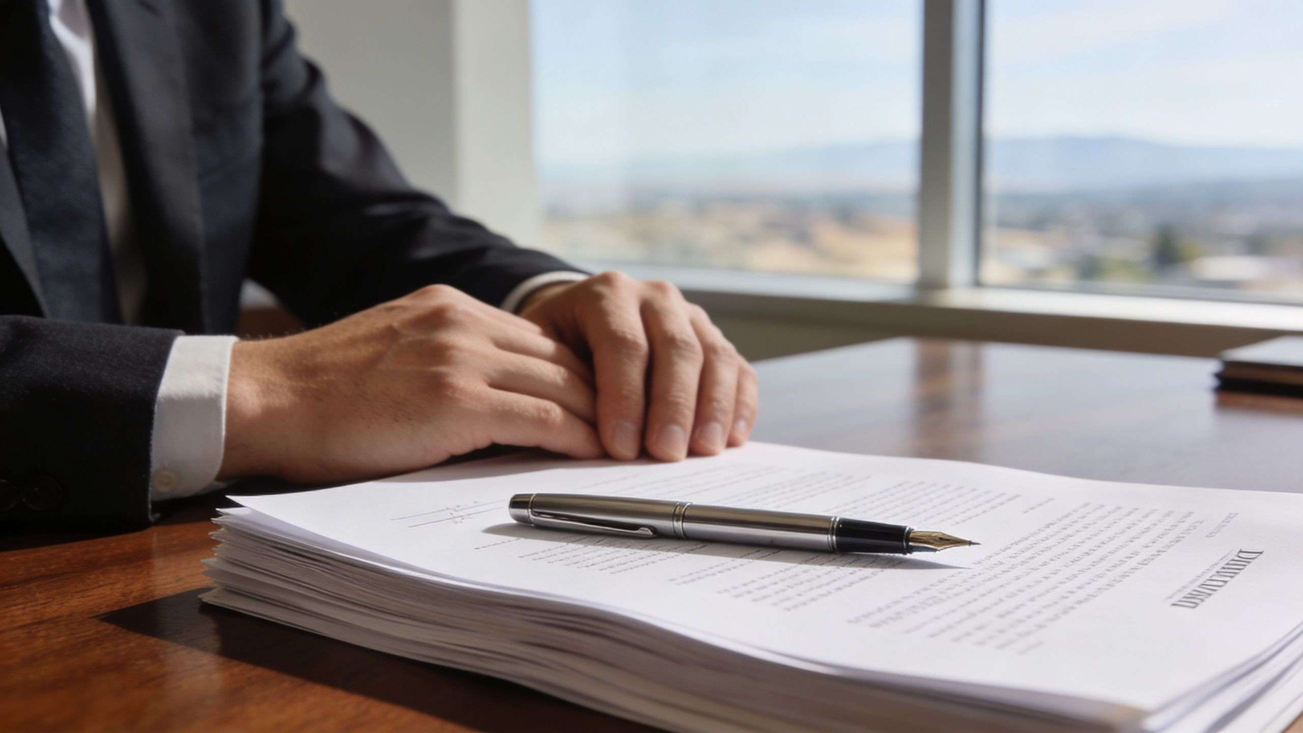 A professional attorney in a suit prepares to sign legal documents during a commercial lease negotiation.
