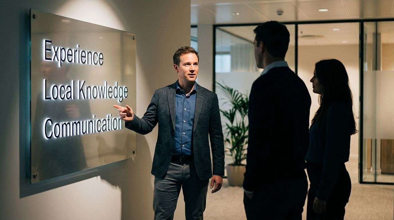 A professional man explaining corporate values on a wall sign to two colleagues in an office.