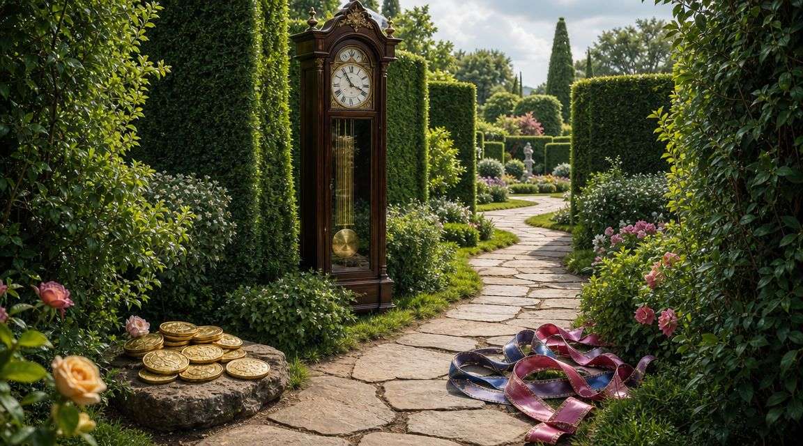 A grandfather clock stands beside a stone path in a lush garden with gold coins and ribbon.