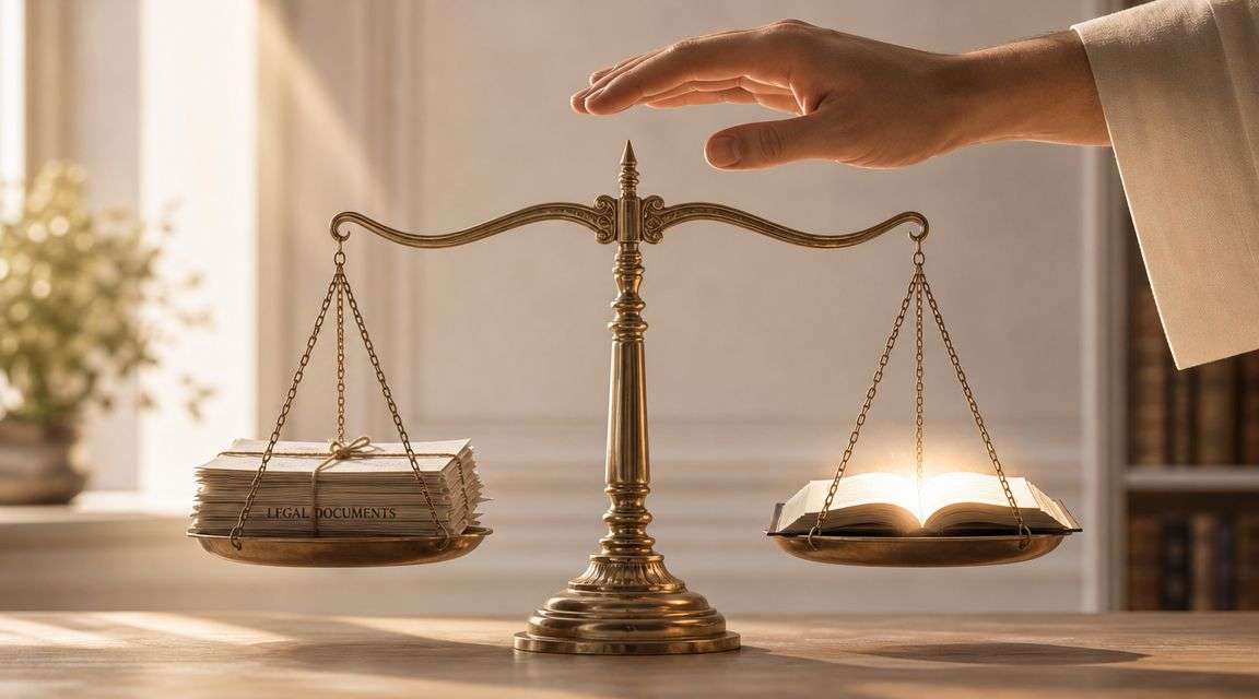 A pair of gold scales of justice weighing legal documents against an illuminated open book.