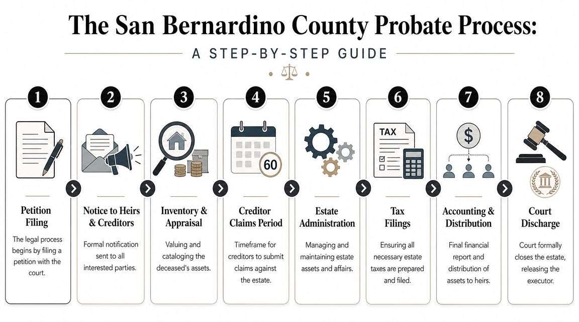 An eight-step infographic explaining the San Bernardino County probate process for estate settlements and legal filings.
