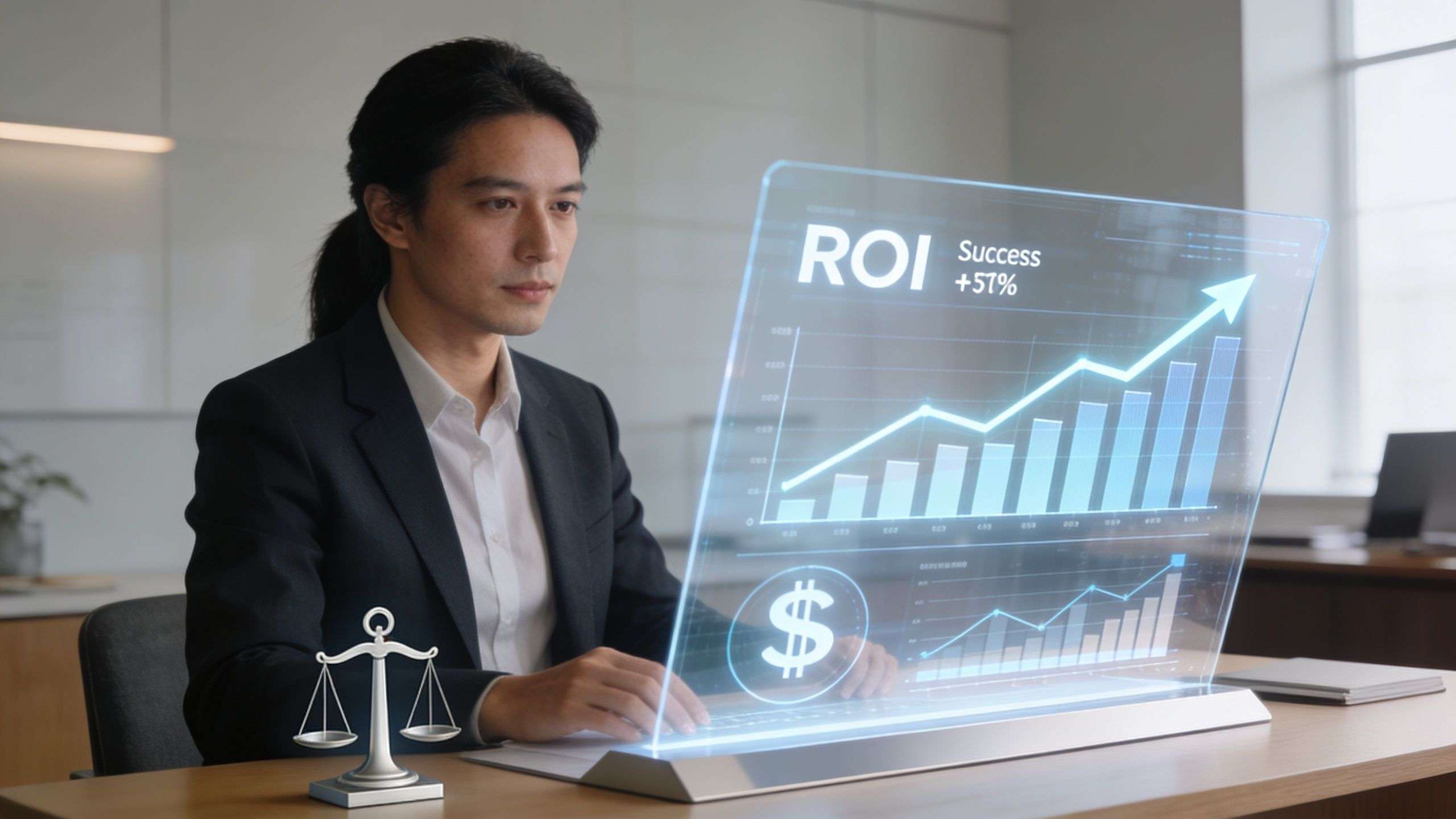 A professional man using a futuristic holographic interface showing business growth and ROI statistics at his desk.