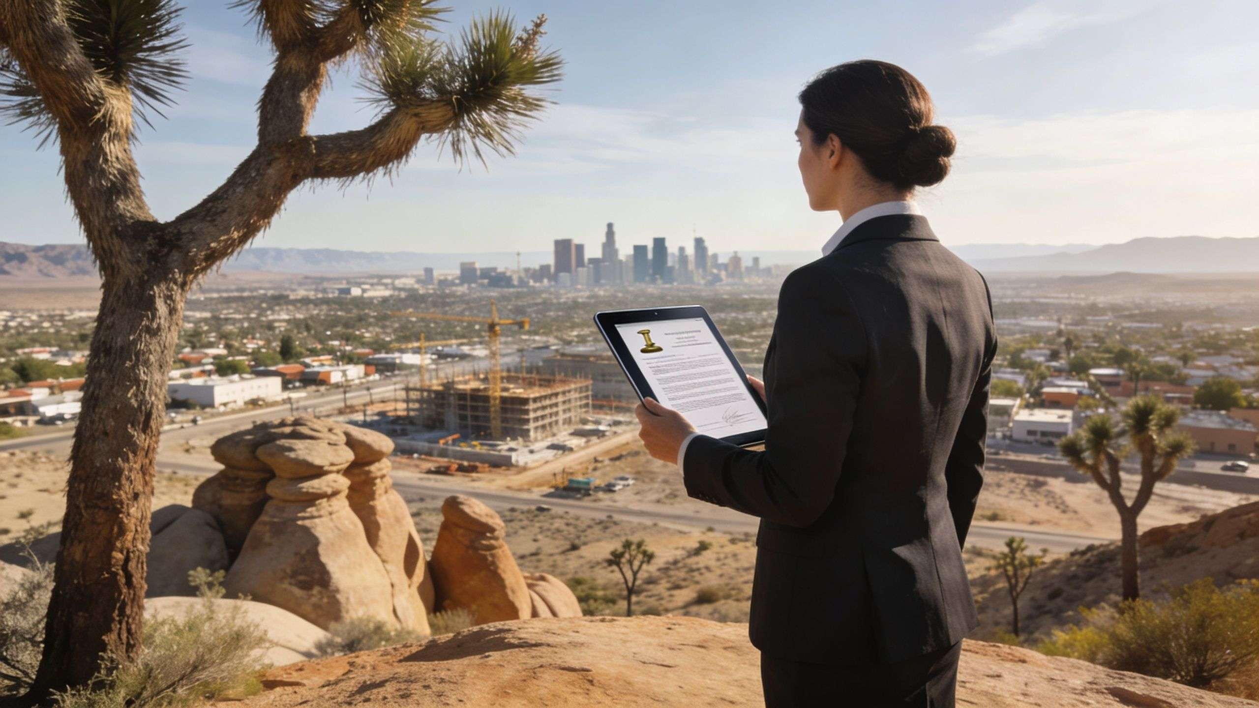 A professional woman in a suit stands on a desert cliff overlooking a city with a tablet.