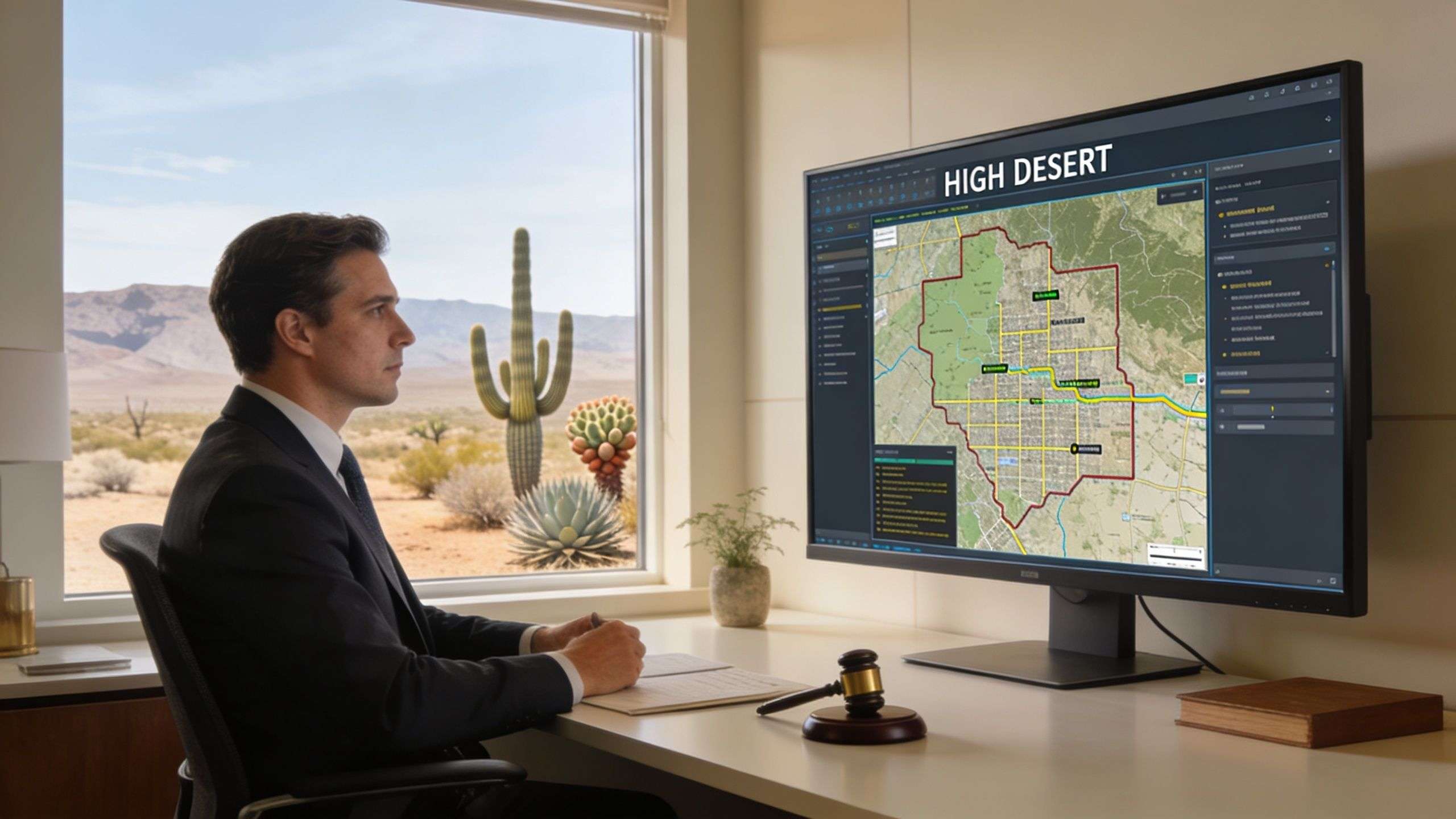 A professional man sitting at a desk viewing a map of High Desert on a large computer screen.
