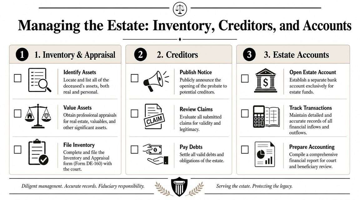 A checklist for managing a probate estate, covering inventory, creditor claims, and financial accounting tasks.