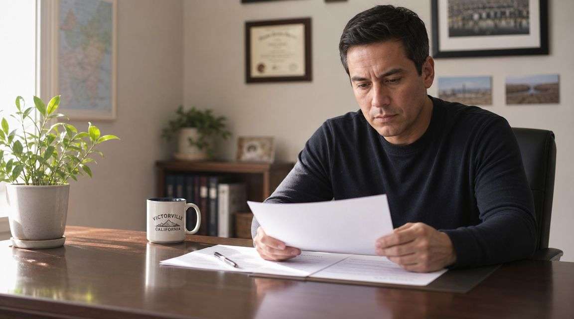 A concerned man sitting at his office desk reviewing legal documents in Victorville, California.