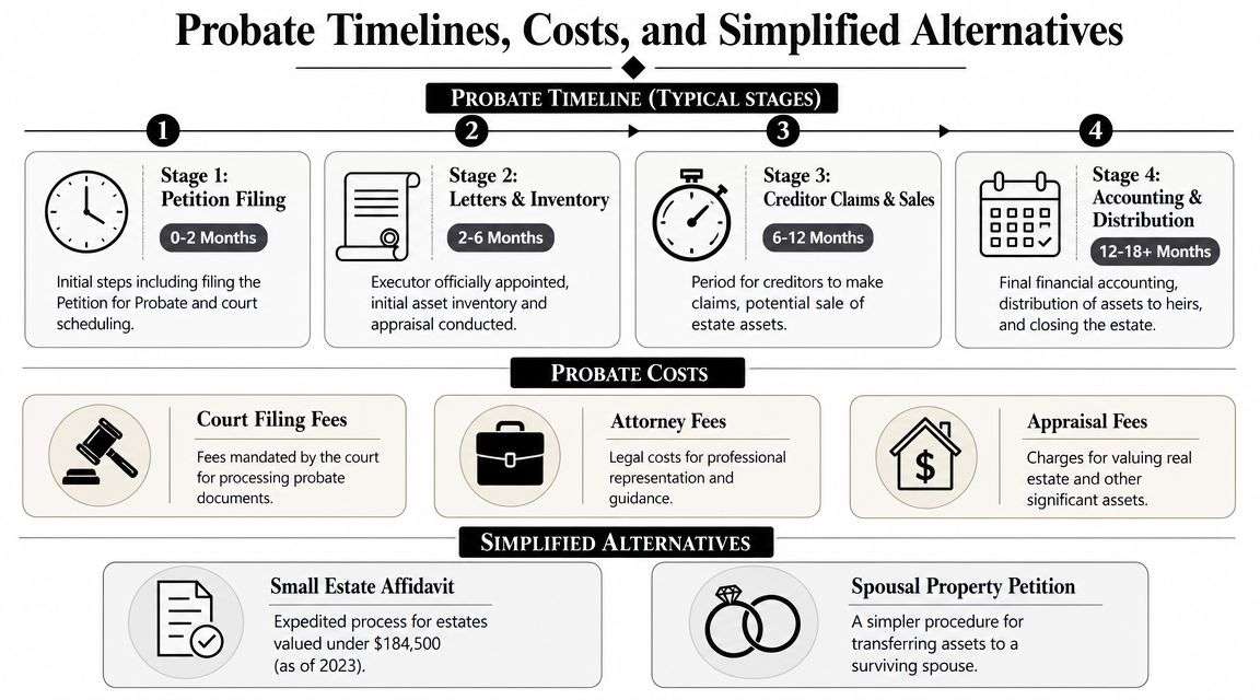A detailed infographic explaining probate timelines, common legal costs, and simplified alternatives for settling an estate.