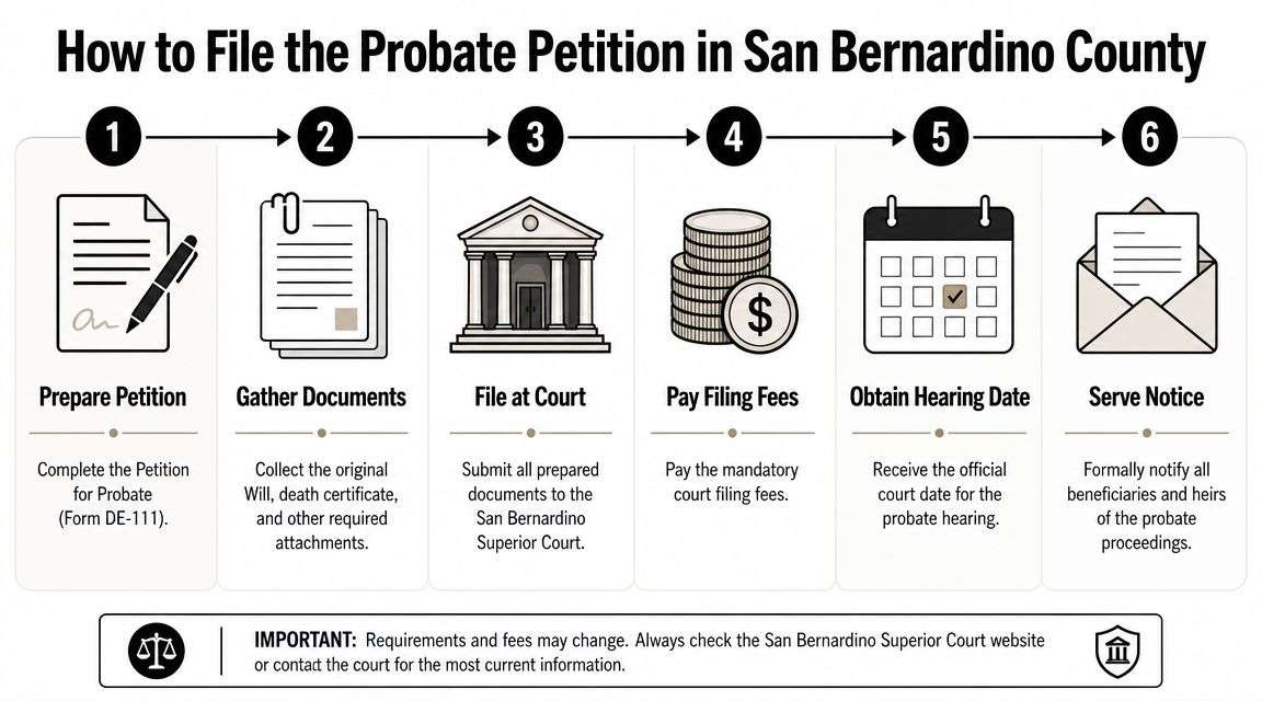 A six-step infographic outlining the process for filing a probate petition in San Bernardino County, California.