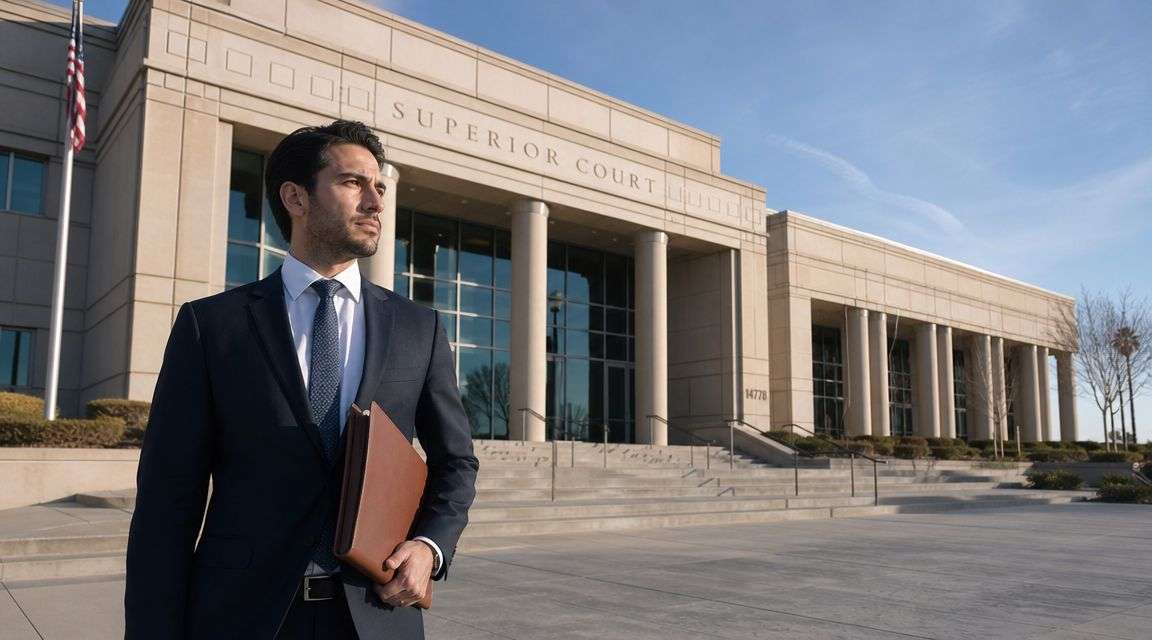 A professional lawyer standing in front of the Superior Court building holding a leather legal briefcase.