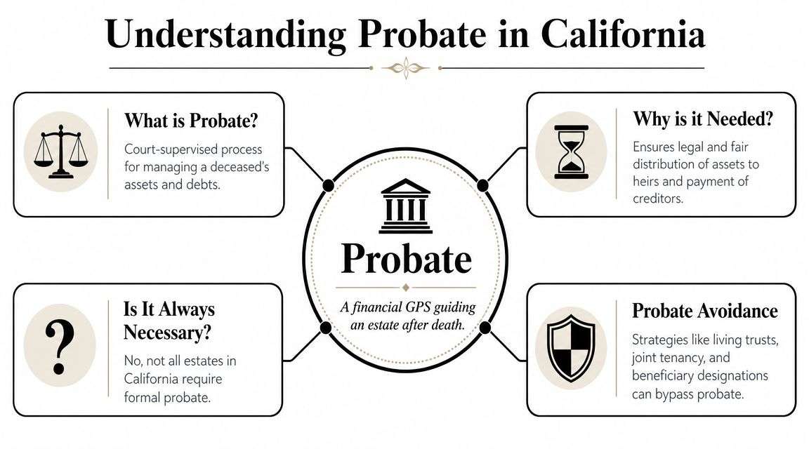 An infographic titled Understanding Probate in California explaining the process, necessity, and avoidance of estate court.