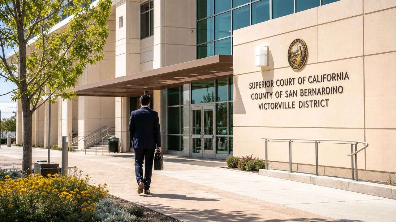 A professional man in a suit walks towards the entrance of the Superior Court of California in Victorville.