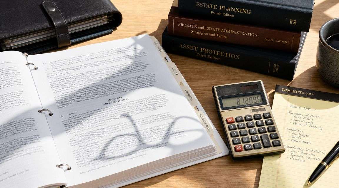 A professional desk setting featuring estate planning books, a binder with legal documents, a calculator, and a notepad.