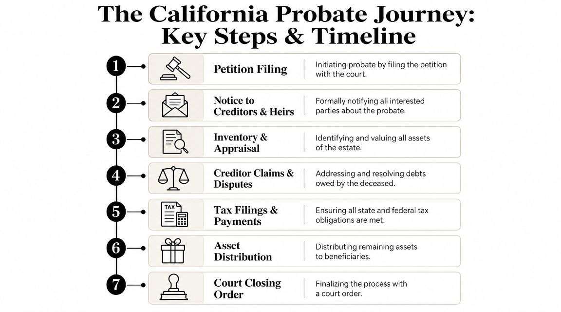 A seven-step flow chart infographic explaining the California probate process, including legal filing and asset distribution.