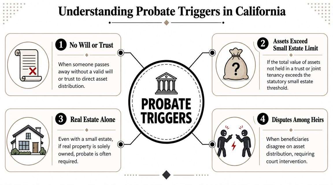 An infographic detailing four primary legal triggers that initiate the probate process in the state of California.
