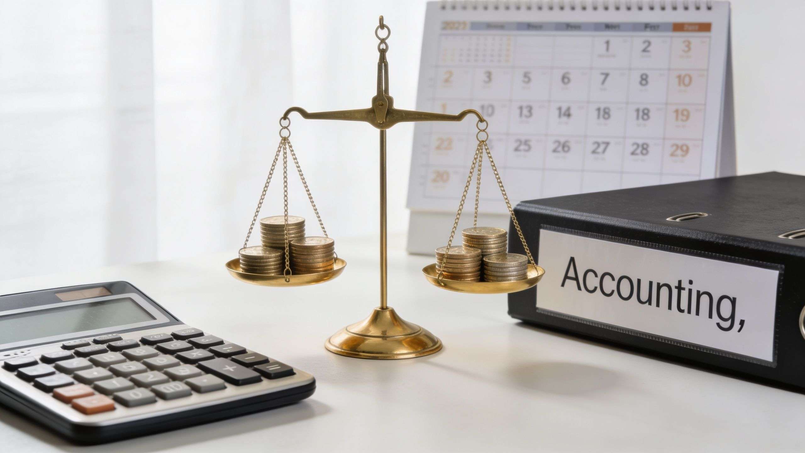 A scale with coins, a calculator, and an accounting folder on a desk for financial planning.