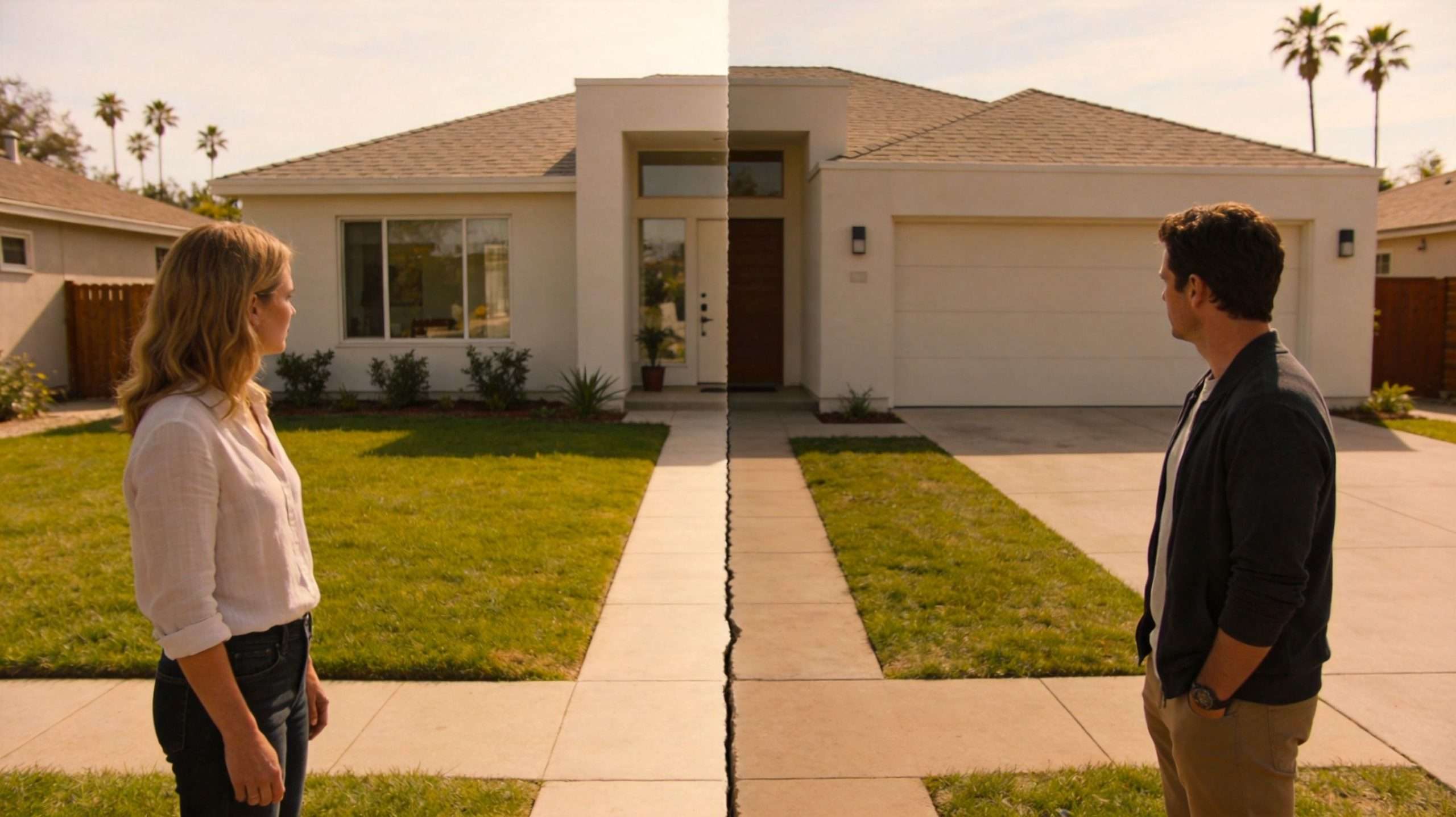 A couple standing on opposite sides of a visual divide in front of a modern suburban house.