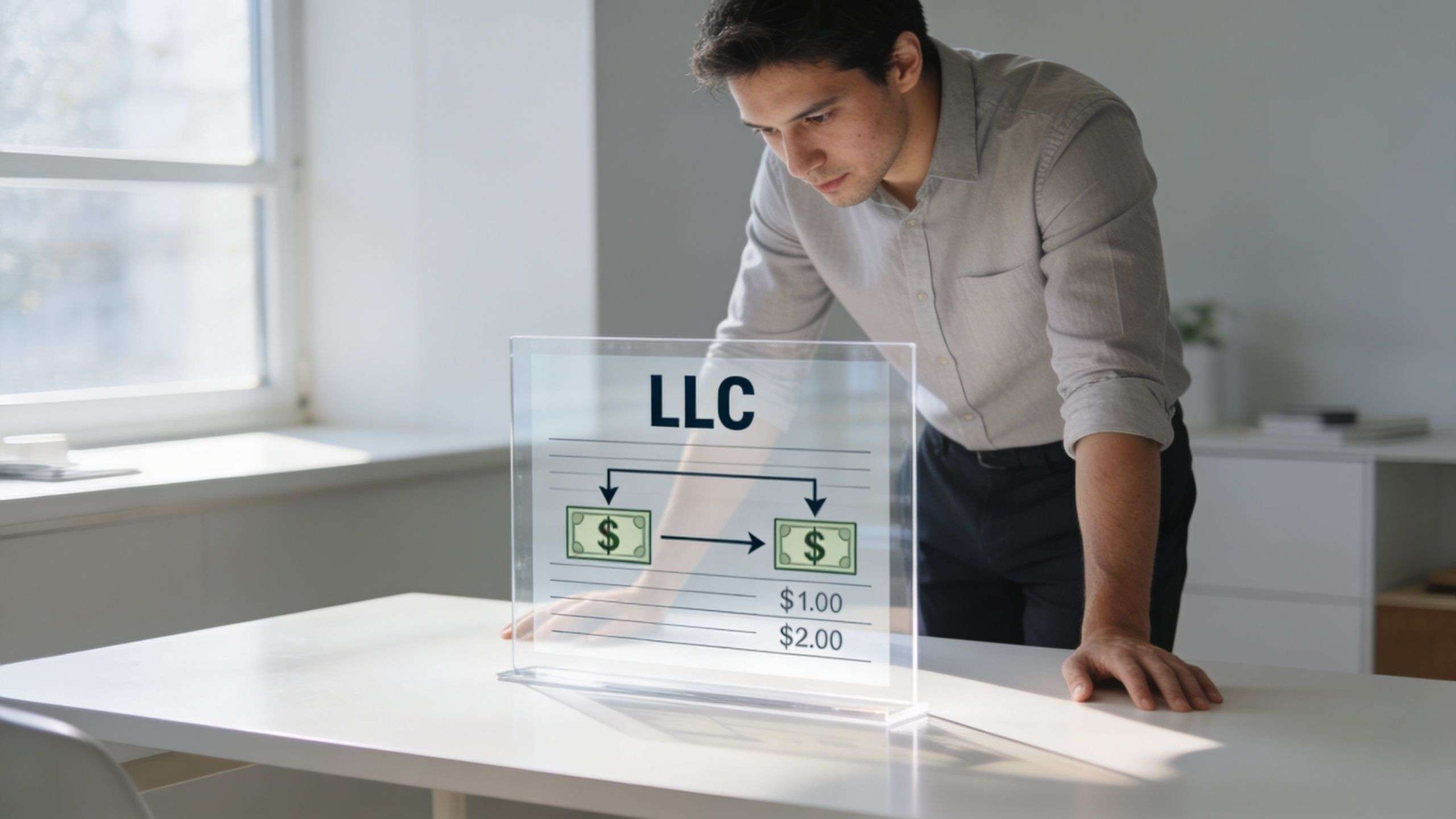 A professional man reviewing a transparent display showing an LLC tax structure diagram with dollar symbols.