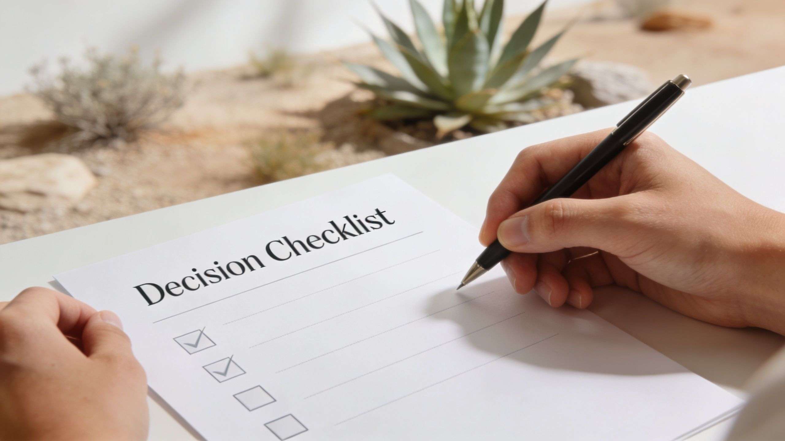 A person writing with a pen on a Decision Checklist form with two boxes already checked.