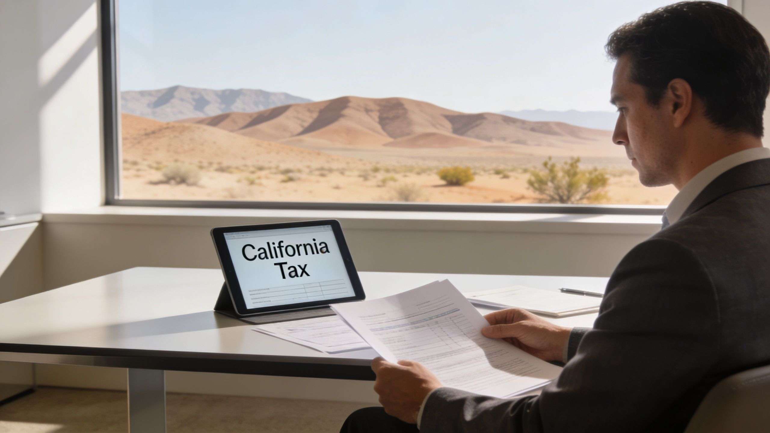 A professional man in a suit reviewing financial documents while looking at a California tax digital form.