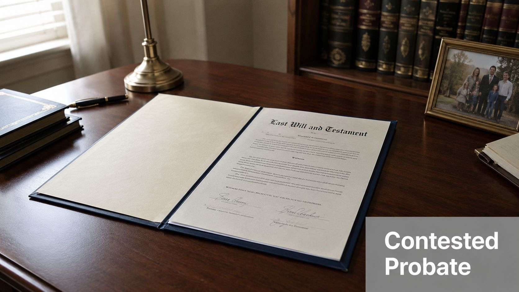A Last Will and Testament document displayed on a polished wooden desk in an office setting.