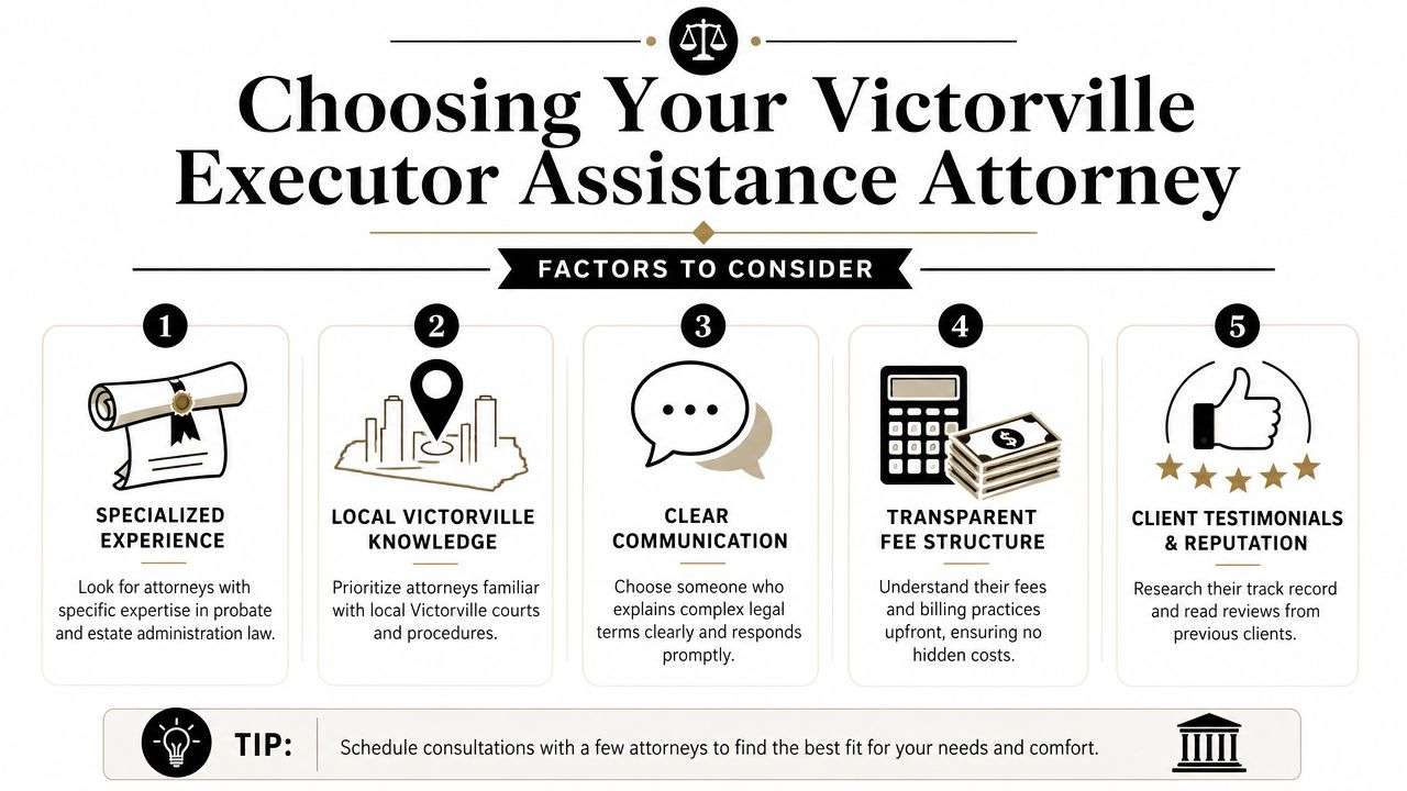 executor assistance attorney in victorville ca legal infographic Executor Assistance Attorney in Victorville CA If you're looking for practical guidance on working with an executor assistance attorney in Victorville CA, start with the basics. You need to know what your role requires, where personal liability can arise, how the probate process usually unfolds in San Bernardino County, and how to choose counsel who can deal with both court procedure and asset transfer problems. An infographic titled Choosing Your Victorville Executor Assistance Attorney, outlining five key factors for selecting legal representation.